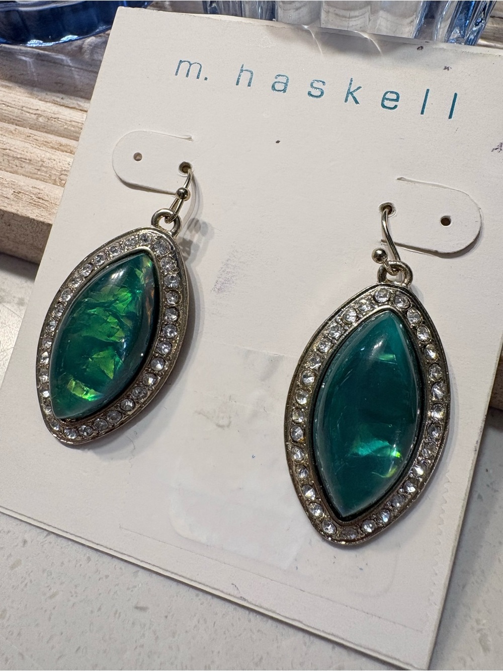 Miriam Haskell Green foil opal earrings NWT